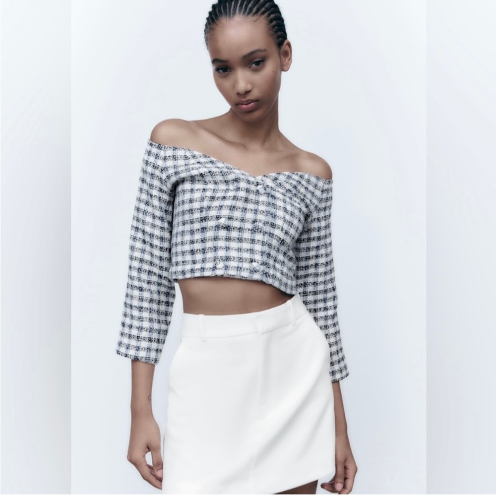 Zara Tweed Off the Shoulder Top